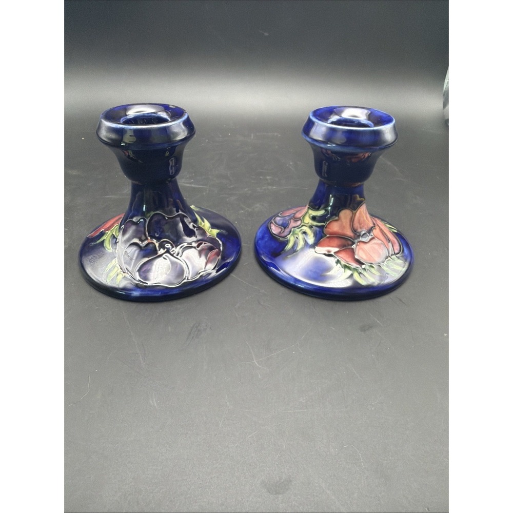 Pair Moorcroft Anemone Cobalt Blue Pottery Dwarf Candlesticks 3.5" England